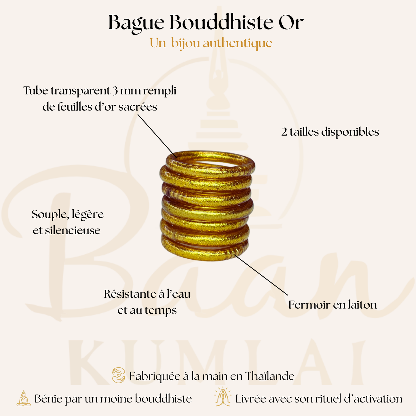 Bague bouddhiste or authentique avec mantra béni par un moine – tube transparent rempli de feuilles d’or sacrées – fabriqué en Thaïlande