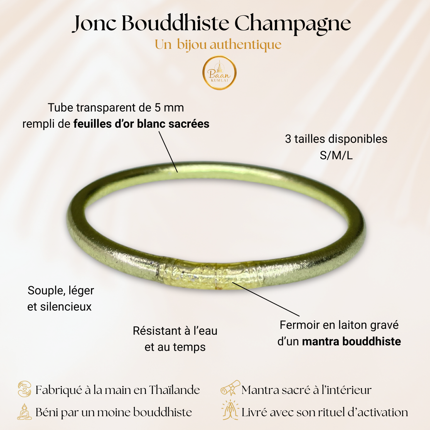 Comment reconnaitre un vrai jonc bouddhiste couleur champagne - Composé d'un tube rempli de feuilles d'or blanc, scellé avec un mantra sacré, béni par un moine en Thaïlande.