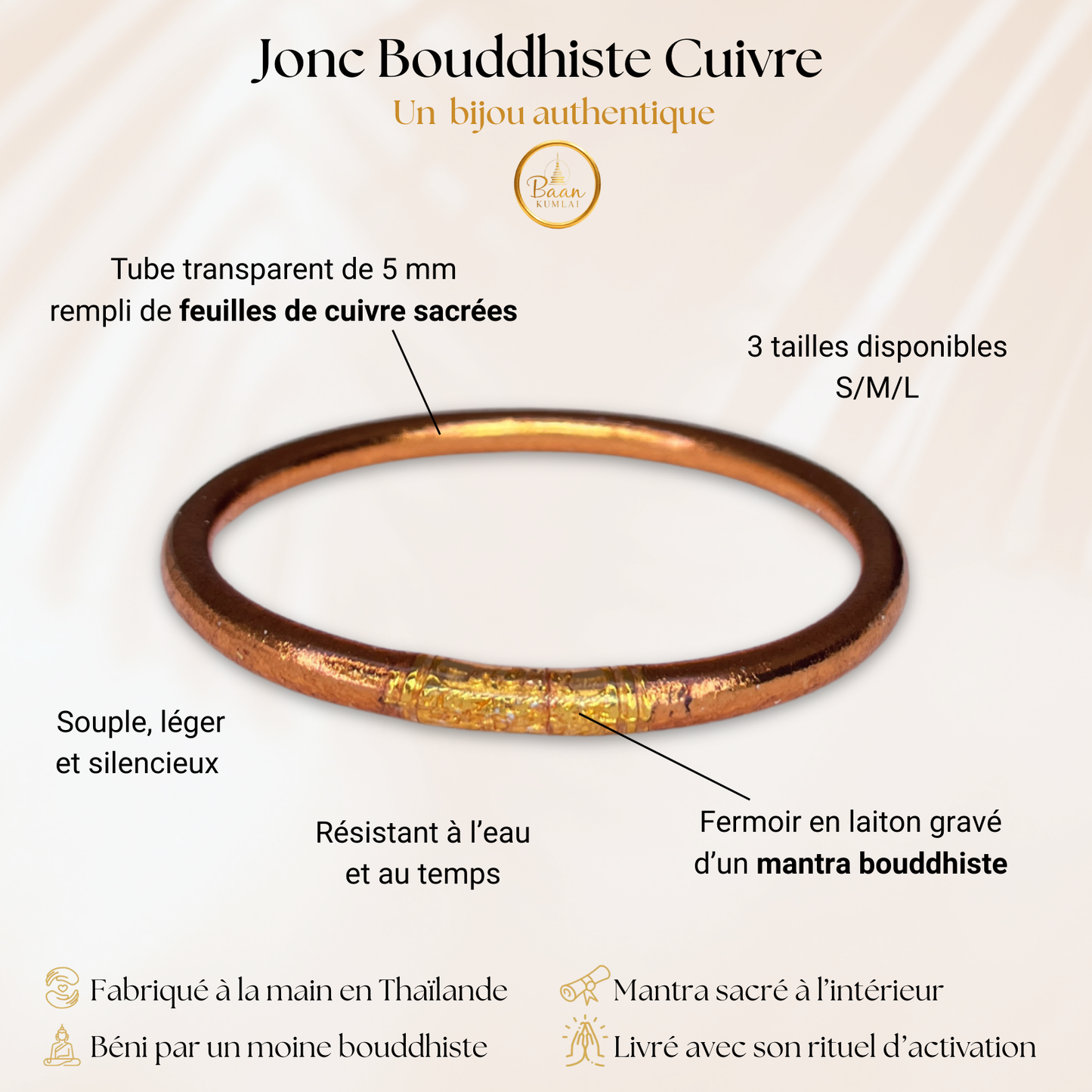 Comment reconnaitre un vrai jonc bouddhiste couleur cooper - Composé d'un tube rempli de feuilles de cuivre, scellé avec un mantra sacré, béni par un moine en Thaïlande.