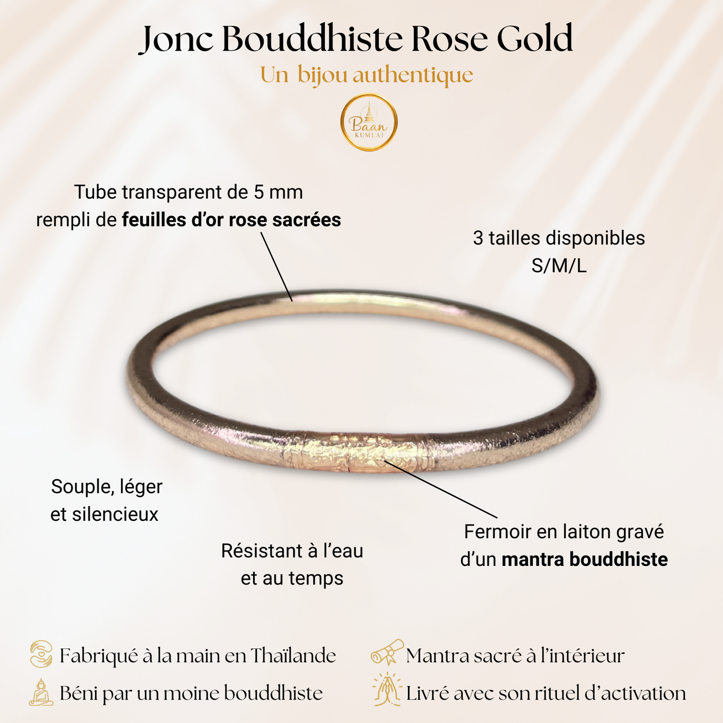 Comment reconnaitre un vrai jonc bouddhiste couleur rose gold - Composé d'un tube rempli de feuilles d'or rose, scellé avec un mantra sacré, béni par un moine en Thaïlande.