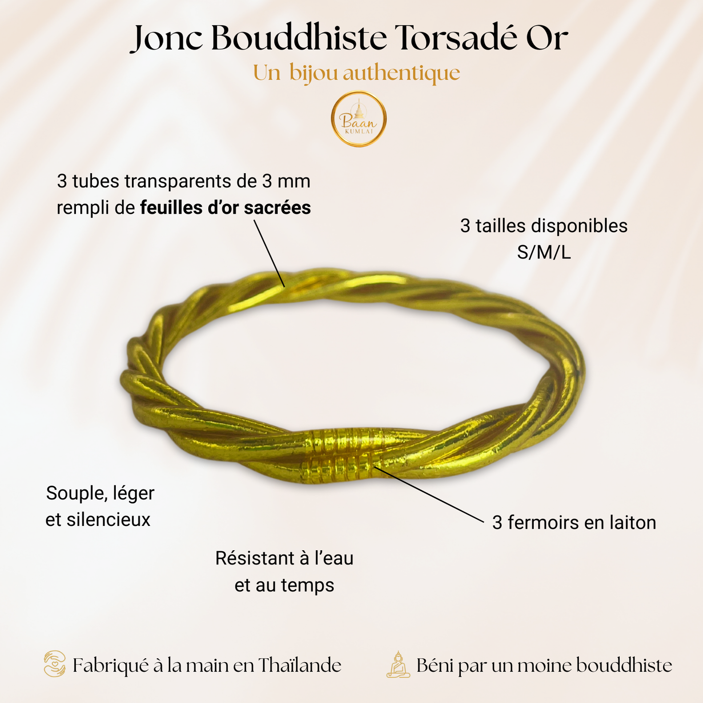 Comment reconnaitre un vrai jonc bouddhiste torsadé gold - Composé de 3 tubes remplis de feuilles d'or sacré, béni dans un temple par un moine en Thaïlande.
