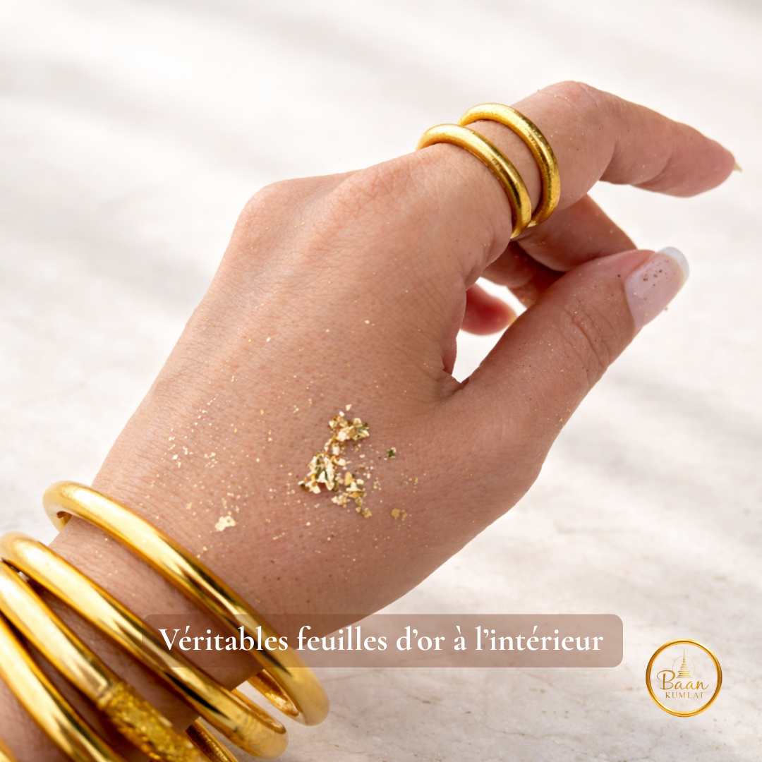bague bouddhiste or remplie de véritables feuilles d’or bague kumlai Bâan Kumlaï