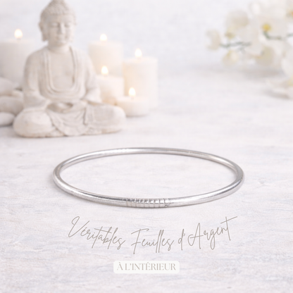 Bracelet jonc bouddhiste Kumlai argent fin rempli de feuilles d’argent – Bâan Kumlaï