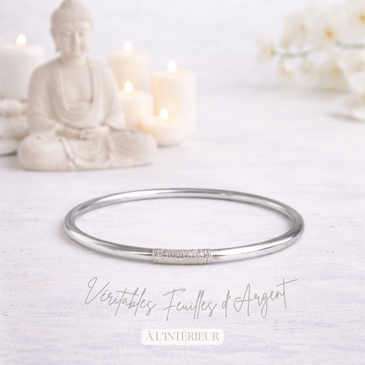 Bracelet jonc bouddhiste Kumlai argent rempli de feuilles d’argent – Bâan Kumlaï