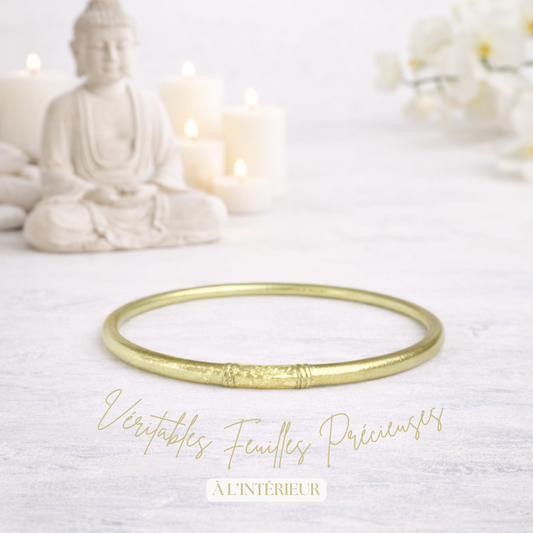 Bracelet jonc bouddhiste Kumlai couleur champagne rempli de feuilles précieuses – Bâan Kumlaï
