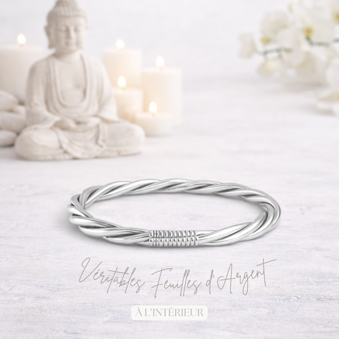 Bracelet jonc bouddhiste Kumlai torsadé argent rempli de feuilles d’argent – Bâan Kumlaï