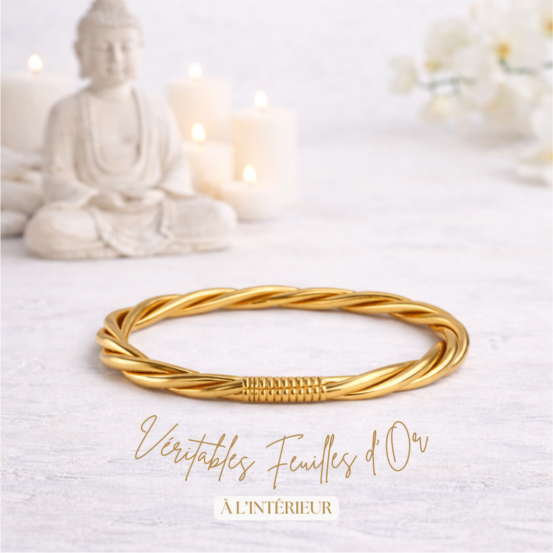 Bracelet jonc bouddhiste Kumlai torsadé or rempli de feuilles d’or – Bâan Kumlaï
