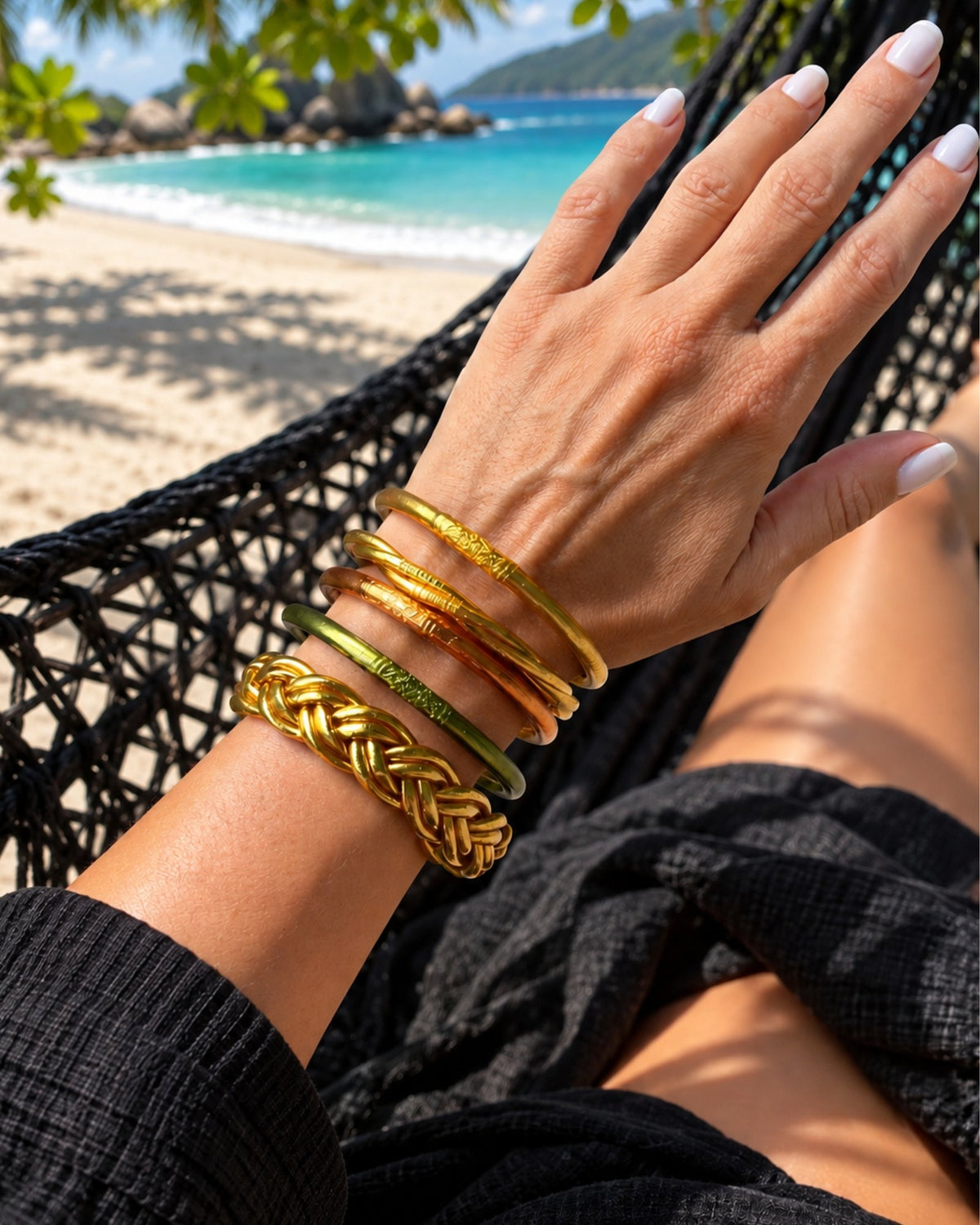 Lot 5 Bracelets Bouddhistes Or, Cuivre & Vert Antique — Torsadé & Tressé portés