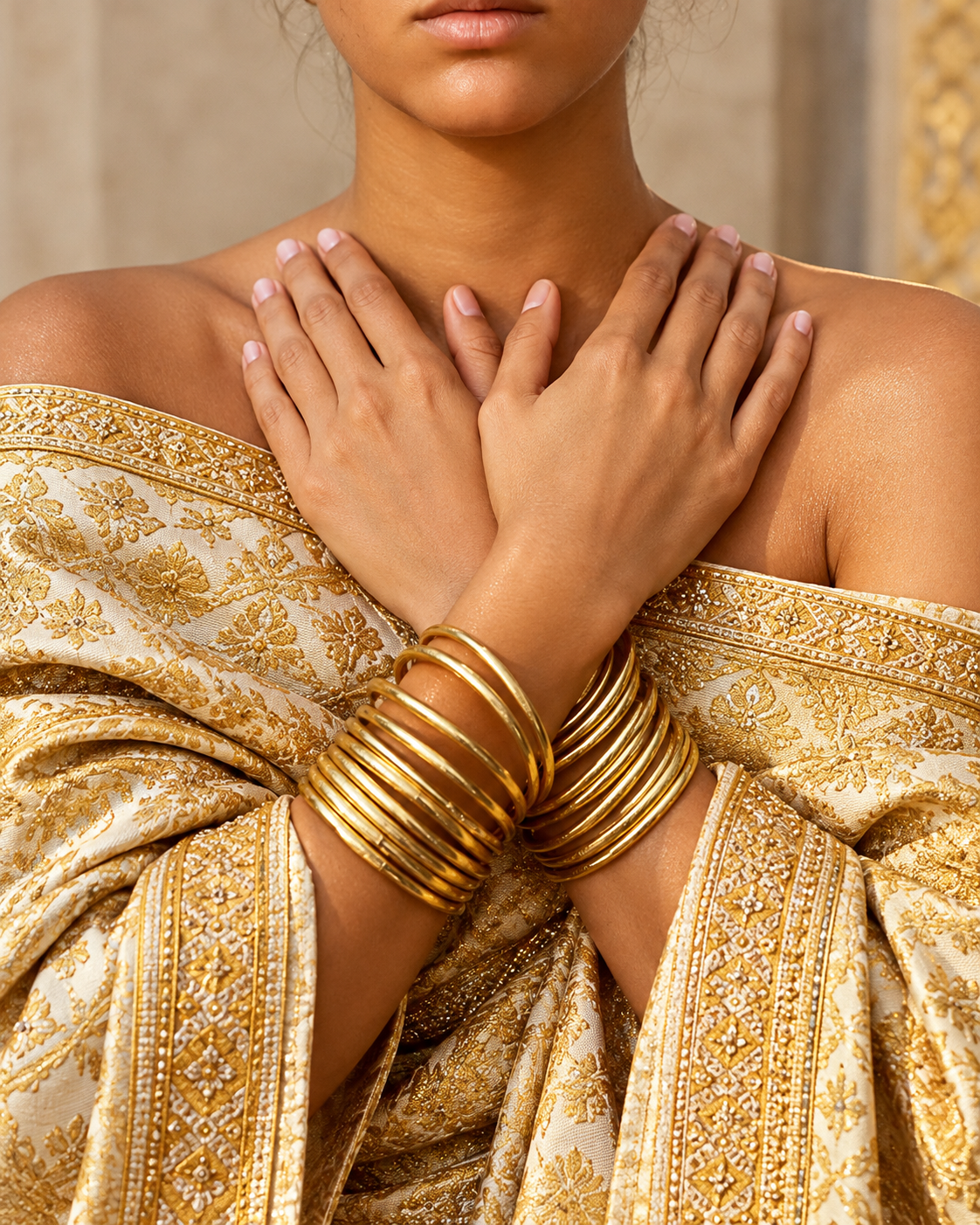 Femme en tenue traditionnelle thaïlandaise portant plusieurs joncs bouddhistes dorés aux deux poignets