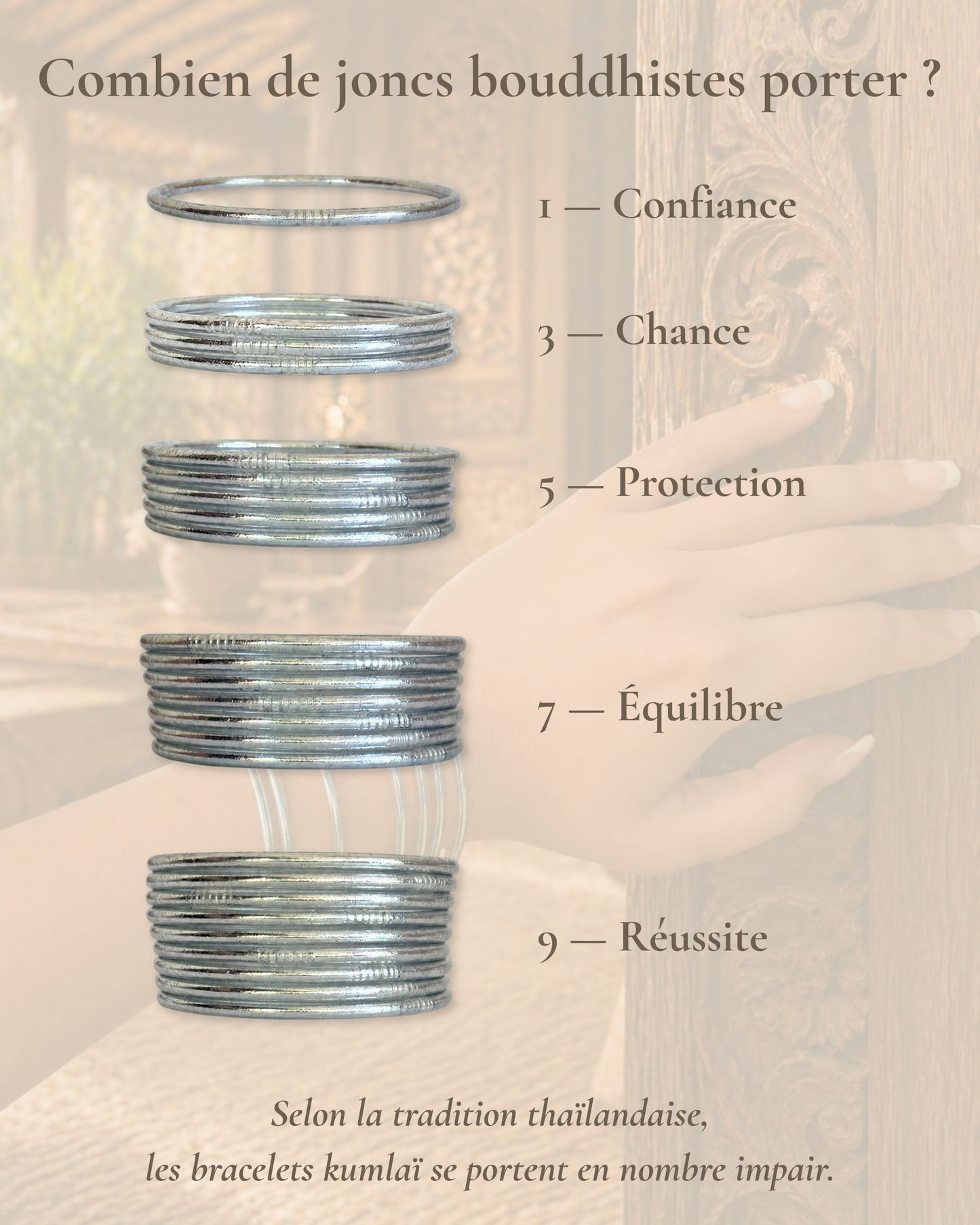 Combien de joncs bouddhistes porter en nombre impair avec le Jonc Bouddhiste Argent Fin Bâan Kumlaï : 1, 3, 5, 7 ou 9 bracelets Kumlai