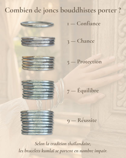 Combien de joncs bouddhistes porter en nombre impair avec le Jonc Bouddhiste Argent Bâan Kumlaï : 1, 3, 5, 7 ou 9 bracelets Kumlai