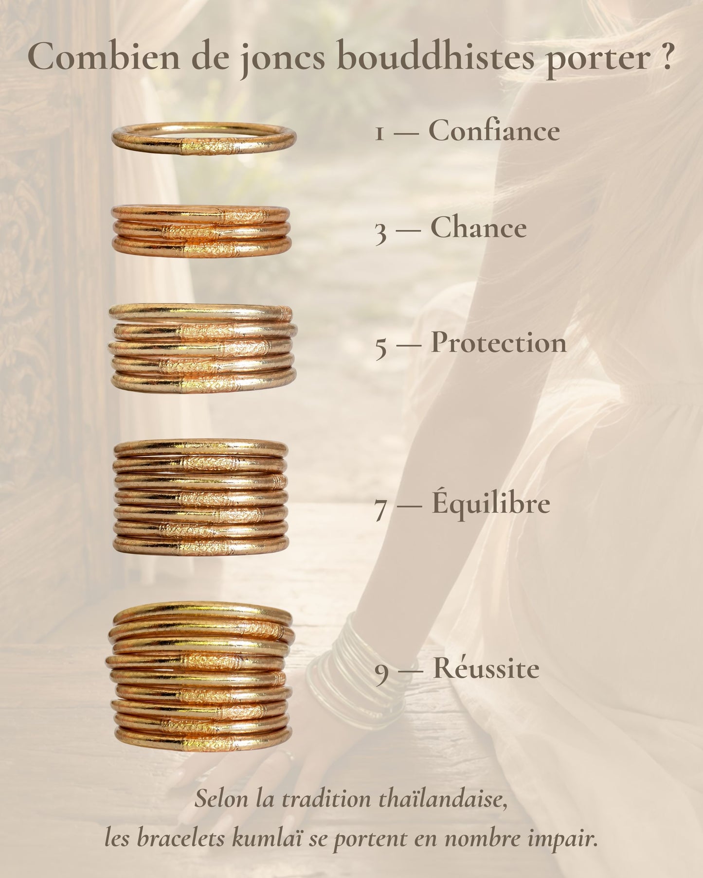 Combien de joncs bouddhistes porter en nombre impair avec le Jonc Bouddhiste Champagne Bâan Kumlaï : 1, 3, 5, 7 ou 9 bracelets Kumlai