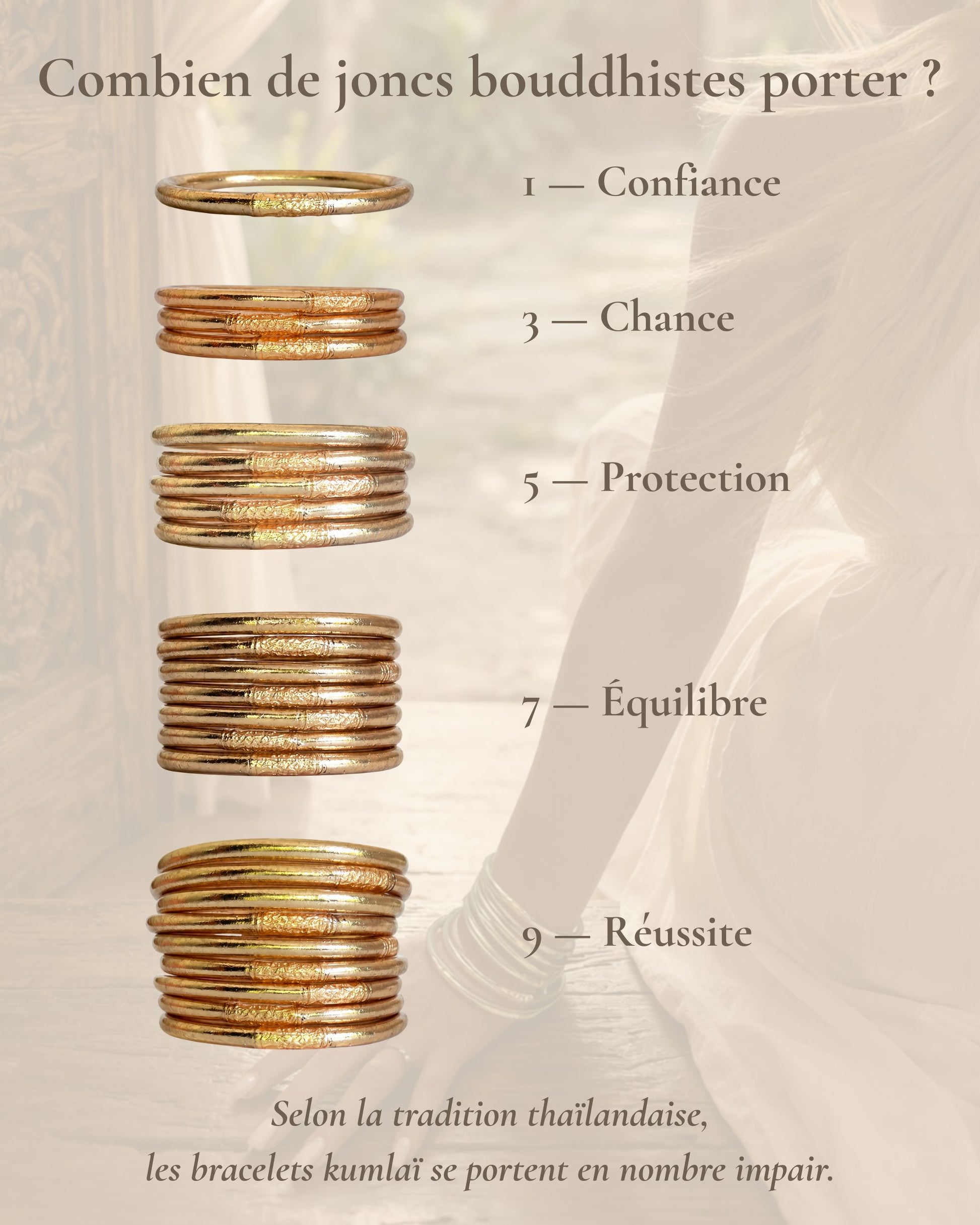 Combien de joncs bouddhistes porter en nombre impair avec le Jonc Bouddhiste Champagne Bâan Kumlaï : 1, 3, 5, 7 ou 9 bracelets Kumlai