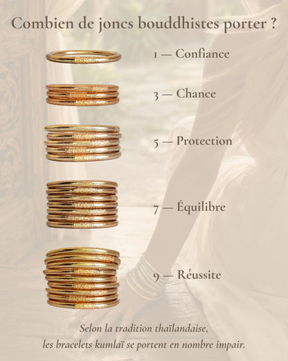 Combien de joncs bouddhistes porter en nombre impair avec le Jonc Bouddhiste Champagne Bâan Kumlaï : 1, 3, 5, 7 ou 9 bracelets Kumlai