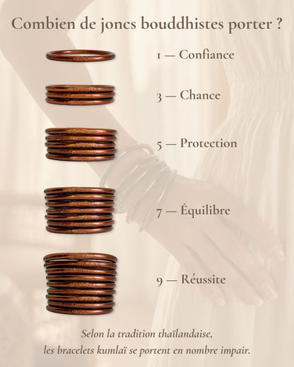 Combien de joncs bouddhistes porter en nombre impair avec le Jonc Bouddhiste Chocolat Bâan Kumlaï : 1, 3, 5, 7 ou 9 bracelets Kumlai