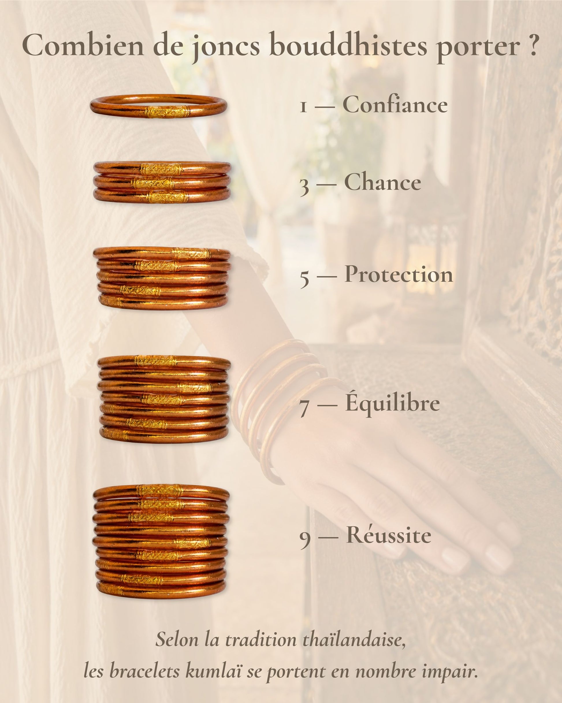 Combien de joncs bouddhistes porter en nombre impair avec le Jonc Bouddhiste Cuivre Bâan Kumlaï : 1, 3, 5, 7 ou 9 bracelets Kumlai