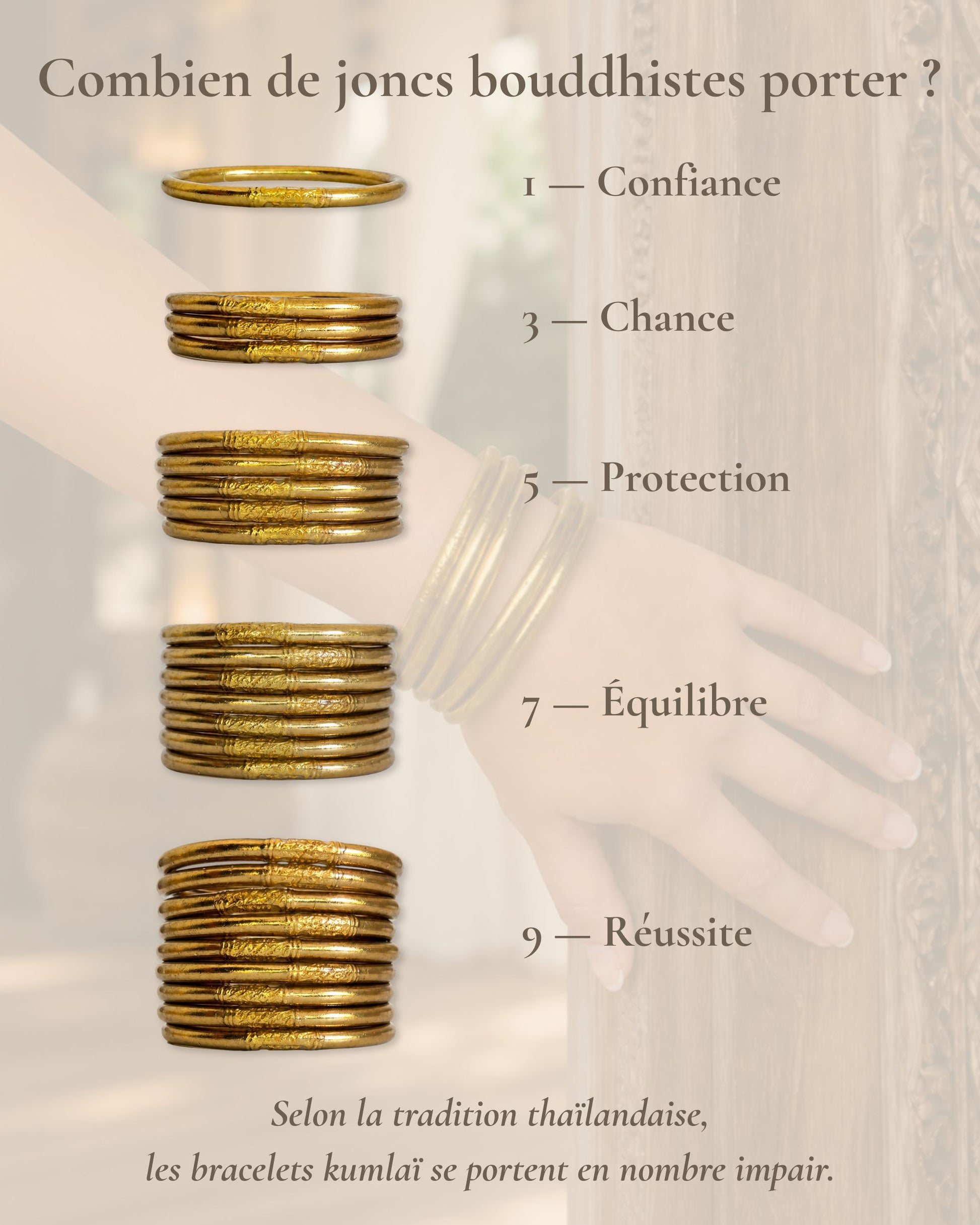 Combien de joncs bouddhistes porter en nombre impair avec le Jonc Bouddhiste Or Antique Bâan Kumlaï : 1, 3, 5, 7 ou 9 bracelets Kumlai