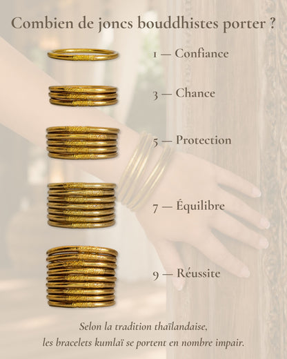 Combien de joncs bouddhistes porter en nombre impair avec le Jonc Bouddhiste Or Antique Bâan Kumlaï : 1, 3, 5, 7 ou 9 bracelets Kumlai
