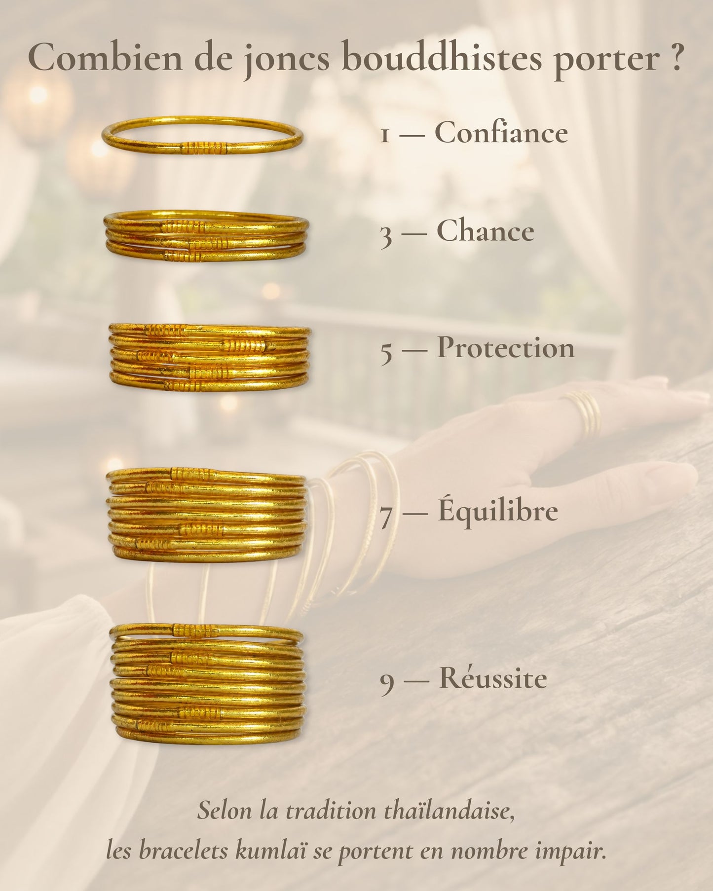 Combien de joncs bouddhistes porter en nombre impair avec le Jonc Bouddhiste Or Fin Bâan Kumlaï : 1, 3, 5, 7 ou 9 bracelets Kumlai