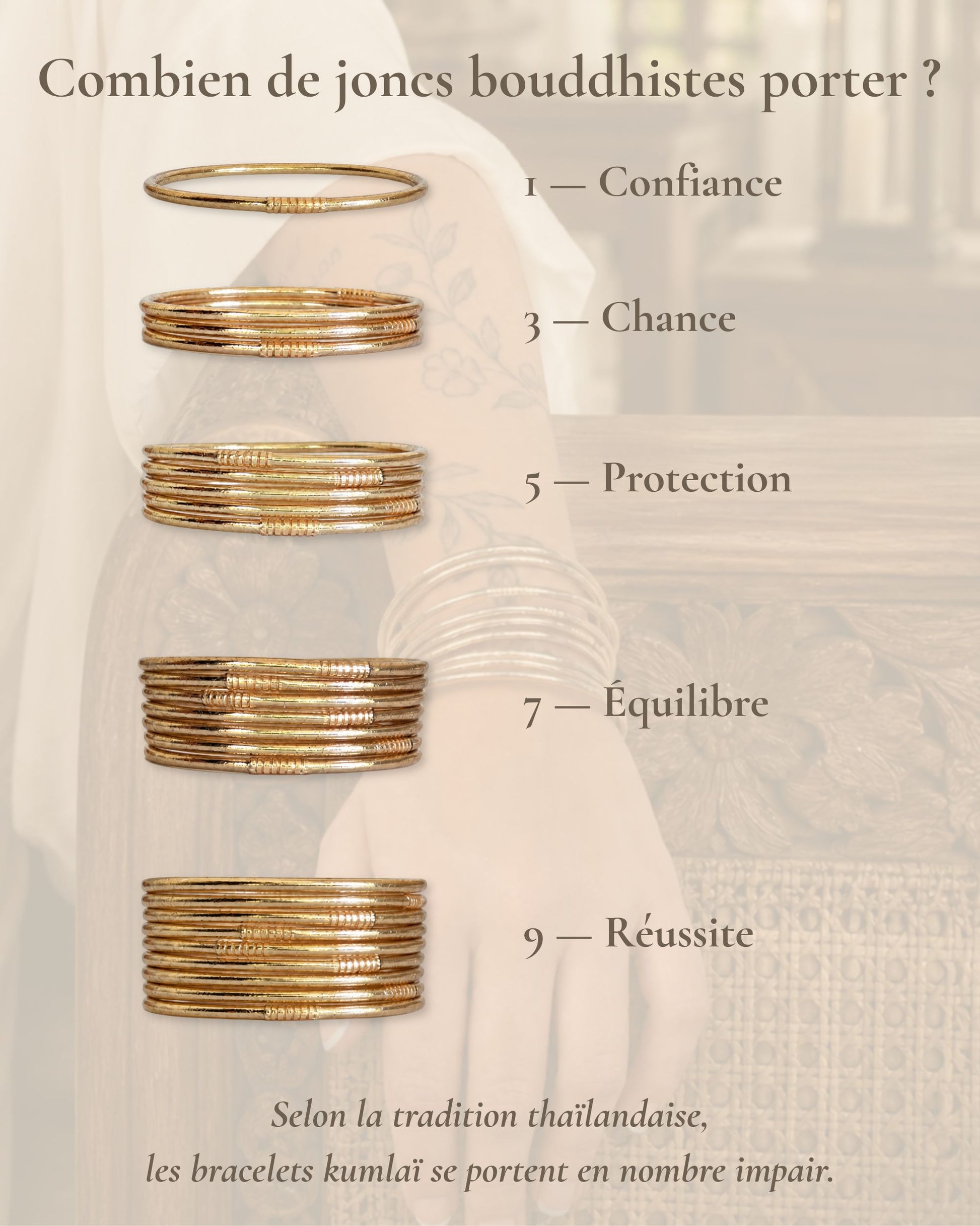 Combien de joncs bouddhistes porter en nombre impair avec le Jonc Bouddhiste Or Rose Fin Bâan Kumlaï : 1, 3, 5, 7 ou 9 bracelets Kumlai