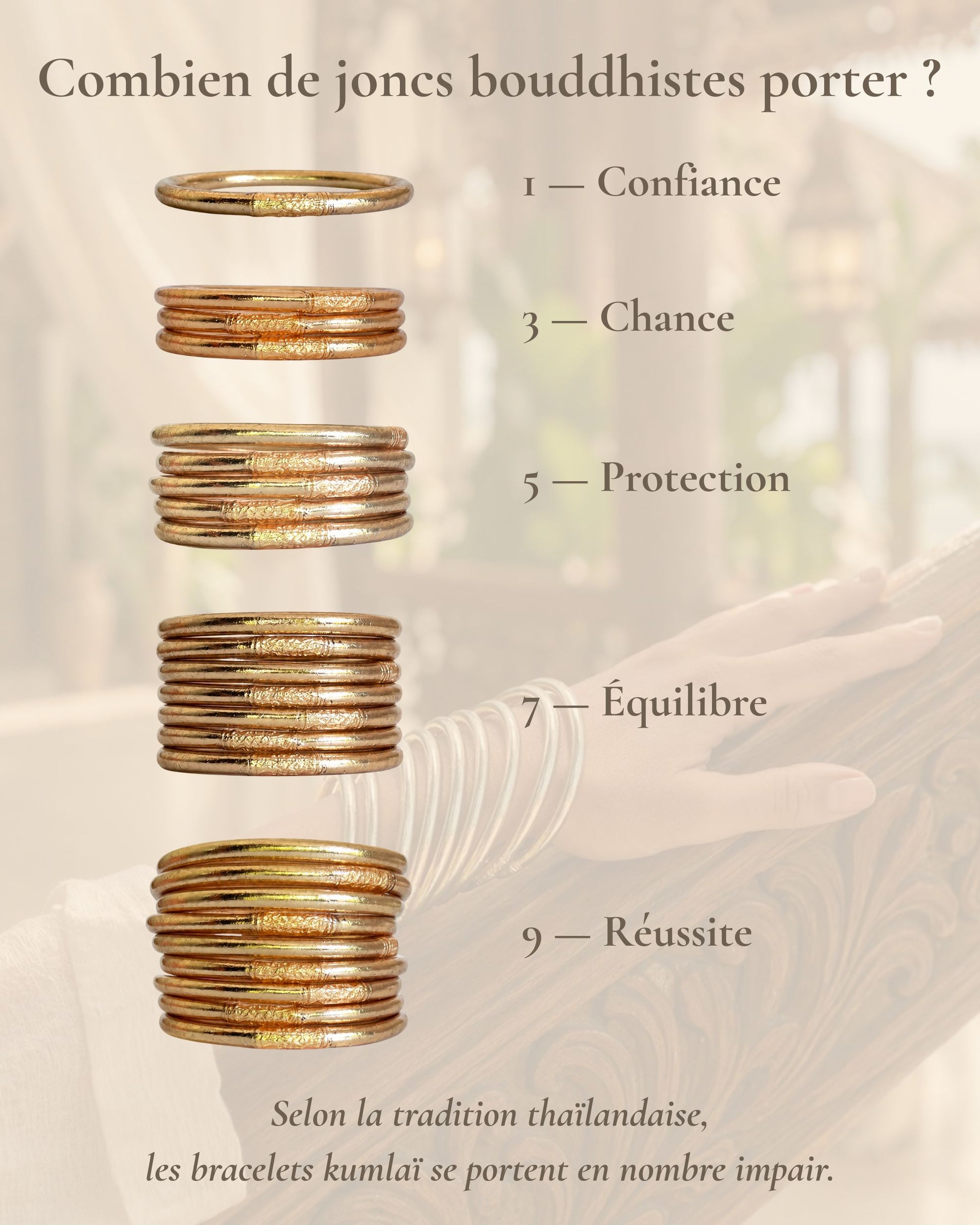 Combien de joncs bouddhistes porter en nombre impair avec le Jonc Bouddhiste Or Rose Bâan Kumlaï : 1, 3, 5, 7 ou 9 bracelets Kumlai