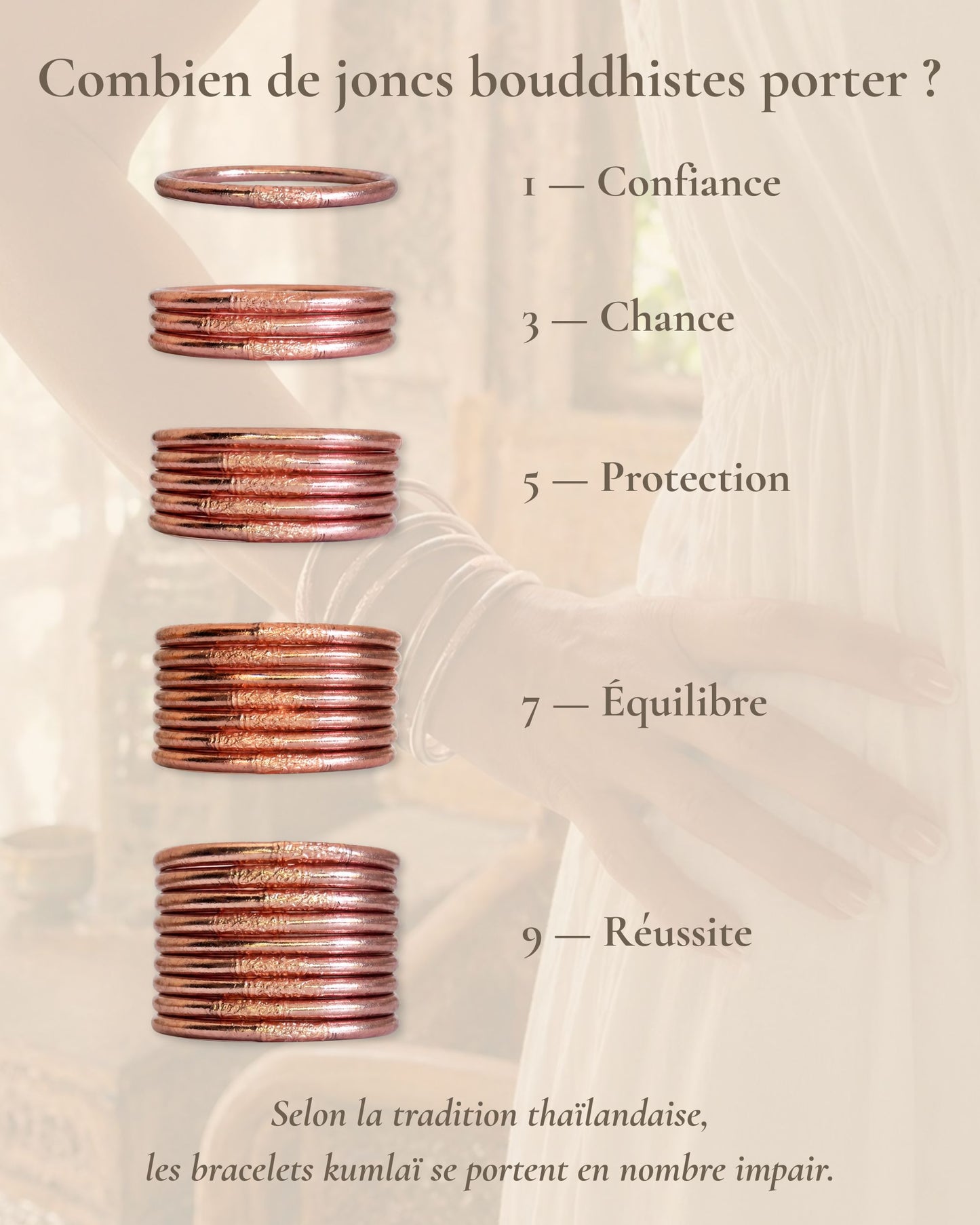 Combien de joncs bouddhistes porter en nombre impair avec le Jonc Bouddhiste Rose Poudré Bâan Kumlaï : 1, 3, 5, 7 ou 9 bracelets Kumlai
