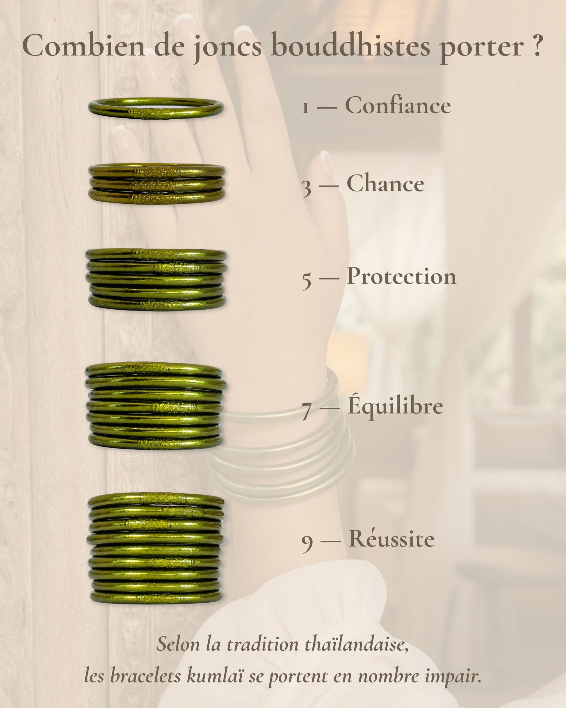 Combien de joncs bouddhistes porter en nombre impair avec le Jonc Bouddhiste Vert Antique Bâan Kumlaï : 1, 3, 5, 7 ou 9 bracelets Kumlai