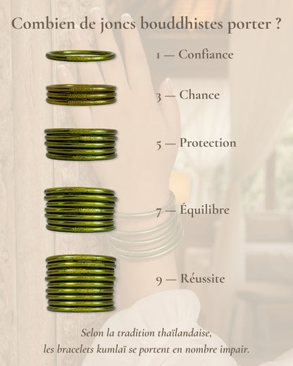 Combien de joncs bouddhistes porter en nombre impair avec le Jonc Bouddhiste Vert Antique Bâan Kumlaï : 1, 3, 5, 7 ou 9 bracelets Kumlai