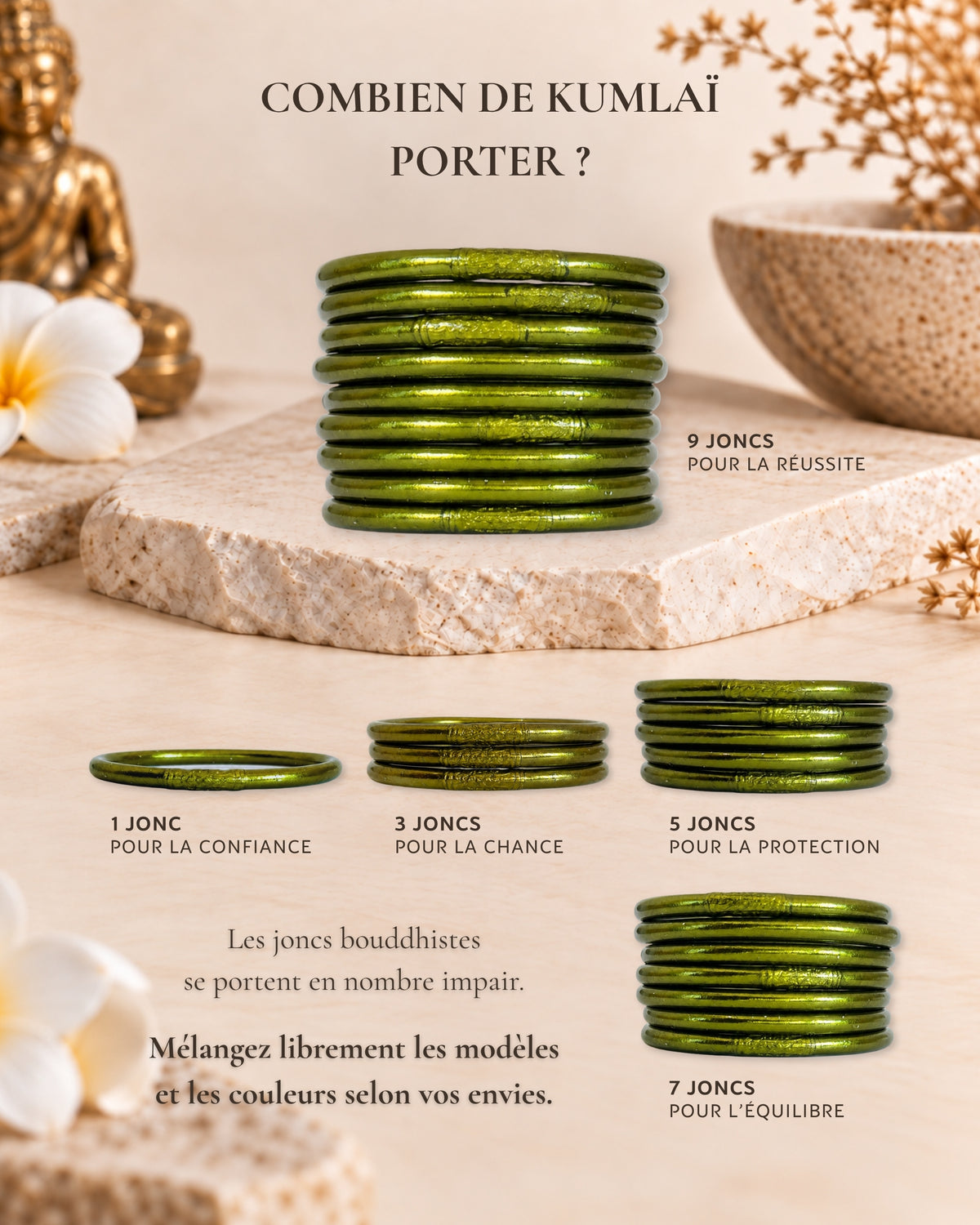 Combien de joncs bouddhistes vert porter : 1, 3, 5, 7 ou 9 joncs Bâan Kumlaï en nombre impair