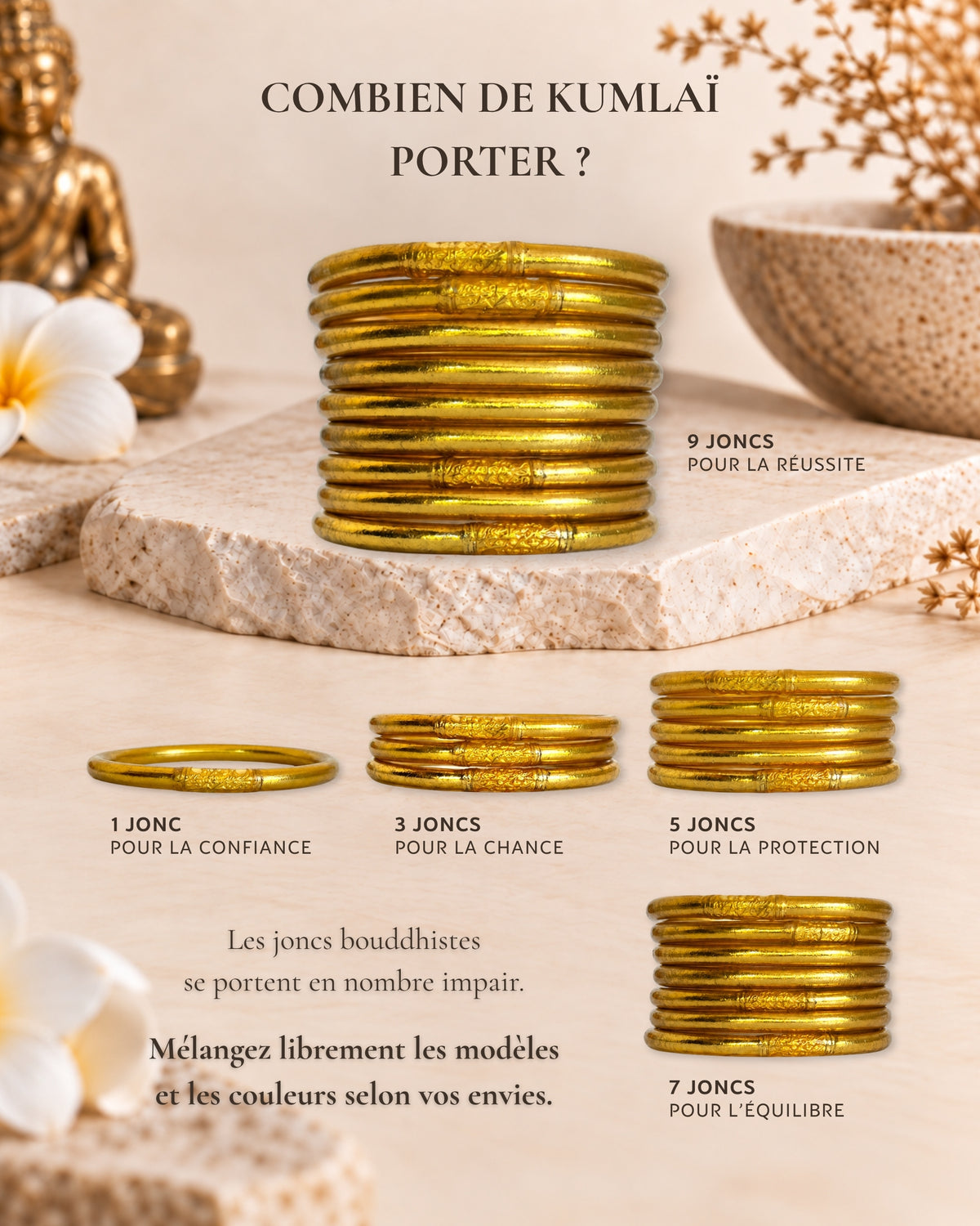 Combien de joncs bouddhistes Or porter : 1, 3, 5, 7 ou 9 joncs Bâan Kumlaï en nombre impair