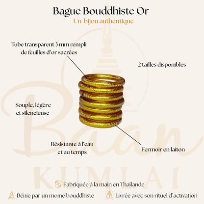 Bague bouddhiste or authentique avec mantra béni par un moine – tube transparent rempli de feuilles d’or sacrées – fabriqué en Thaïlande