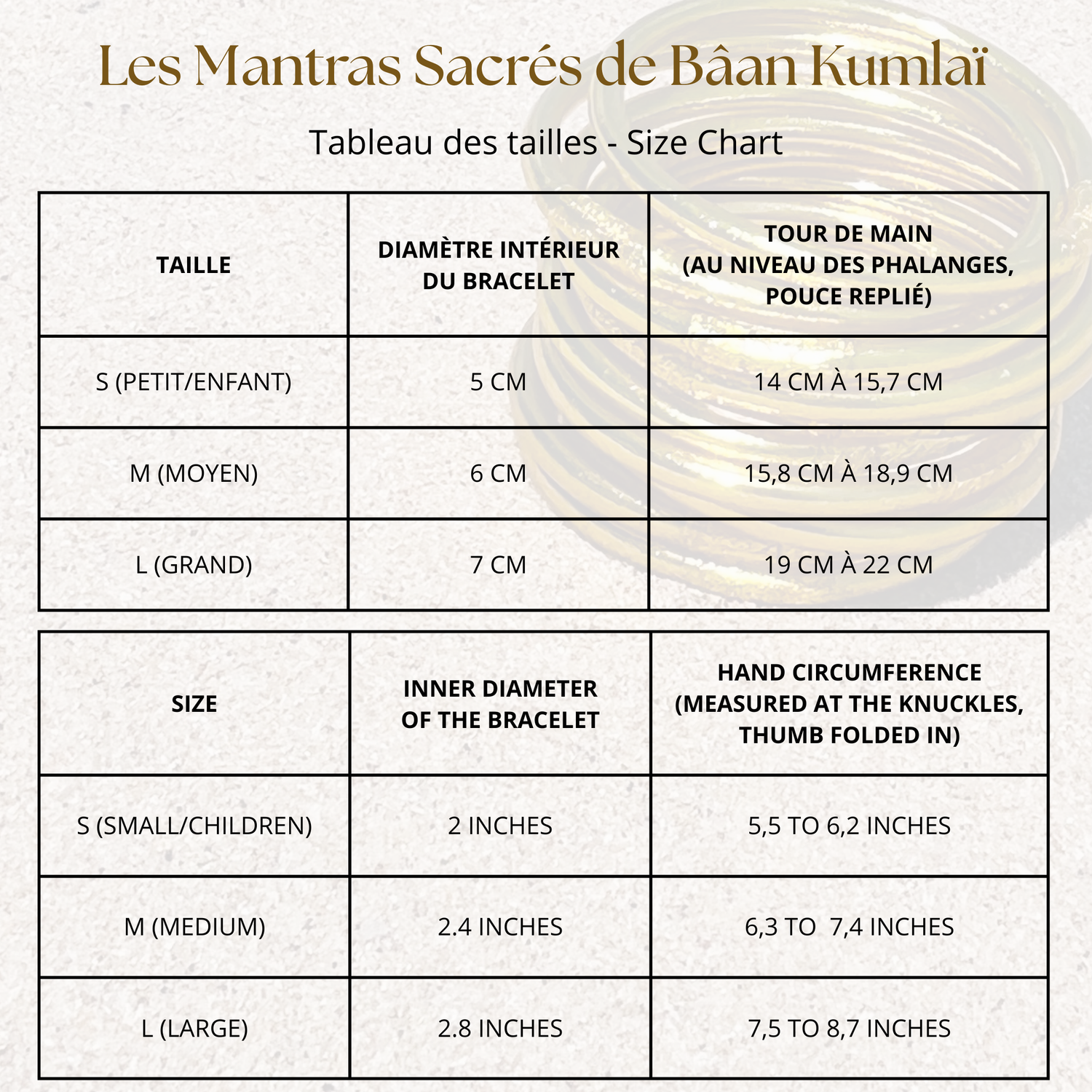 Guide des tailles du jonc bouddhiste champagne Bâan Kumlaï – S, M et L