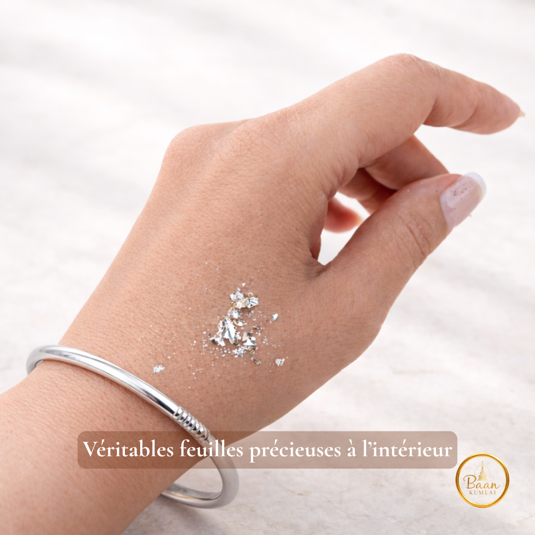 jonc bouddhiste argent fin rempli de feuilles précieuses bracelet kumlai Bâan Kumlaï