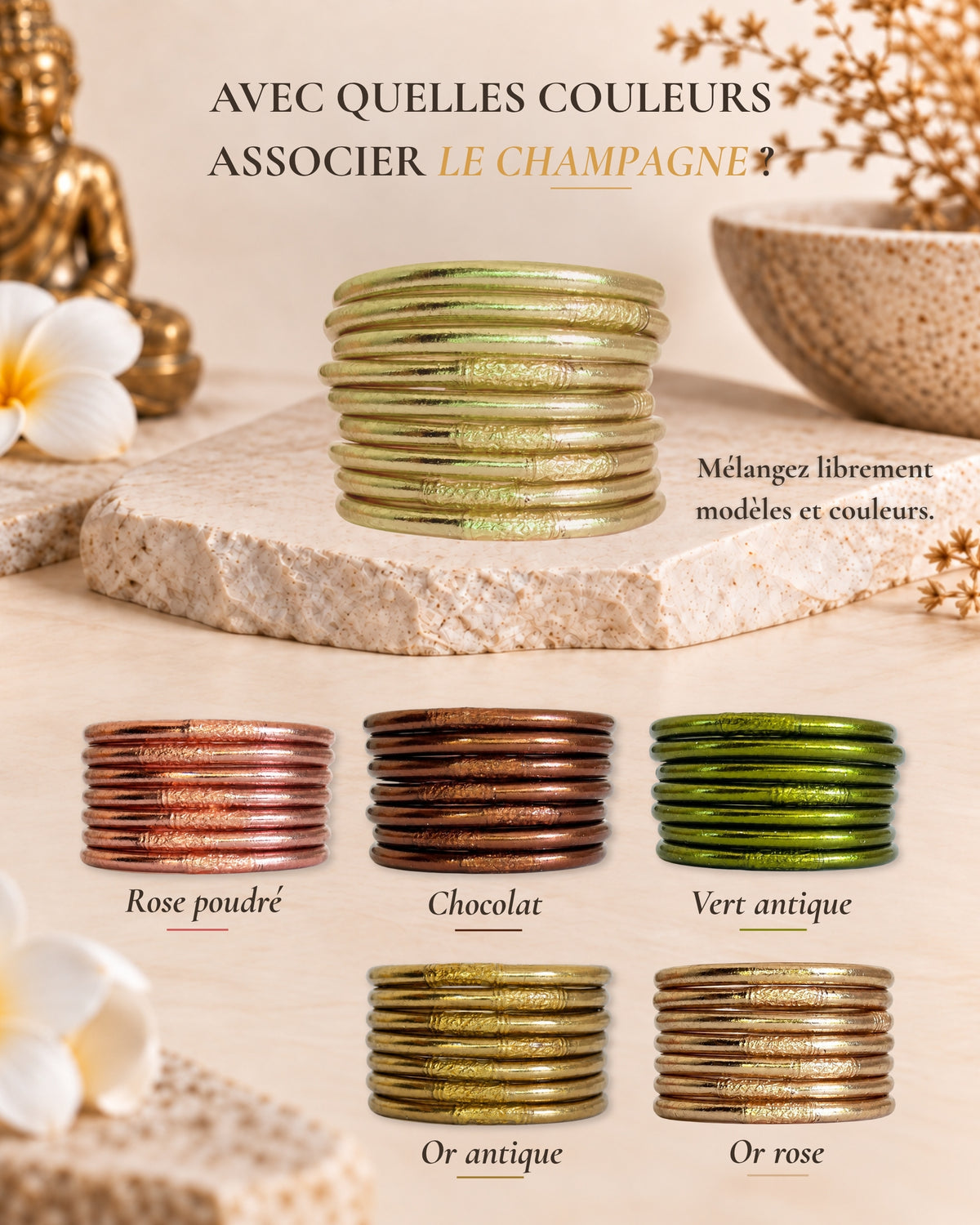 Jonc bouddhiste Champagne Bâan Kumlaï associé aux couleurs rose poudré, marron chocolat, vert antique, or antique et or rose