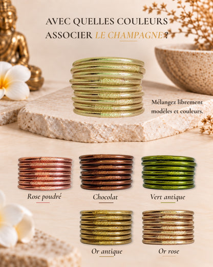 Jonc bouddhiste Champagne Bâan Kumlaï associé aux couleurs rose poudré, marron chocolat, vert antique, or antique et or rose