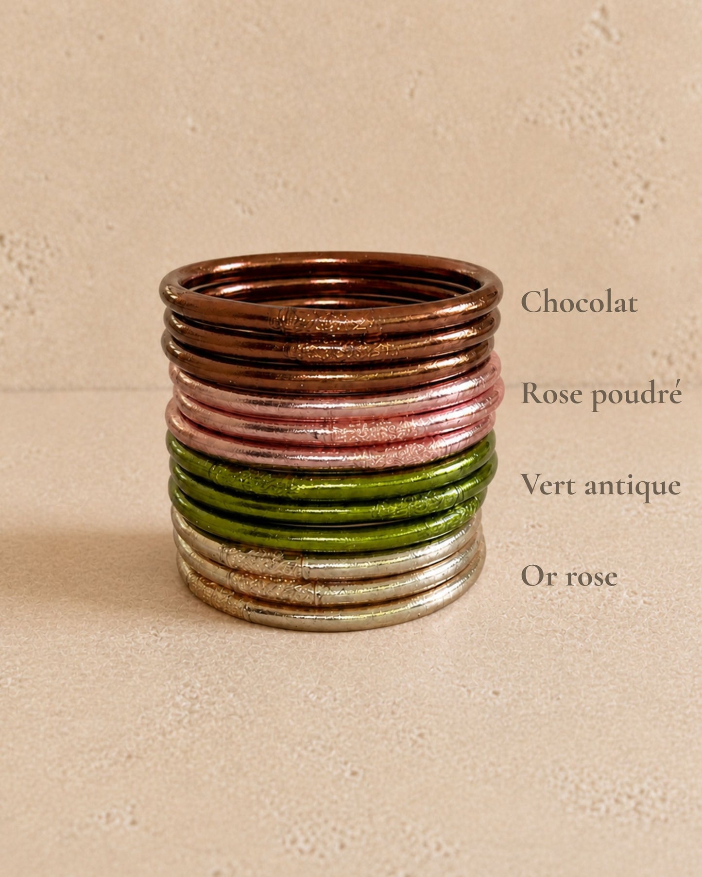 Comparatif des couleurs de joncs bouddhistes Bâan Kumlaï : chocolat, rose poudré, vert antique et or rose