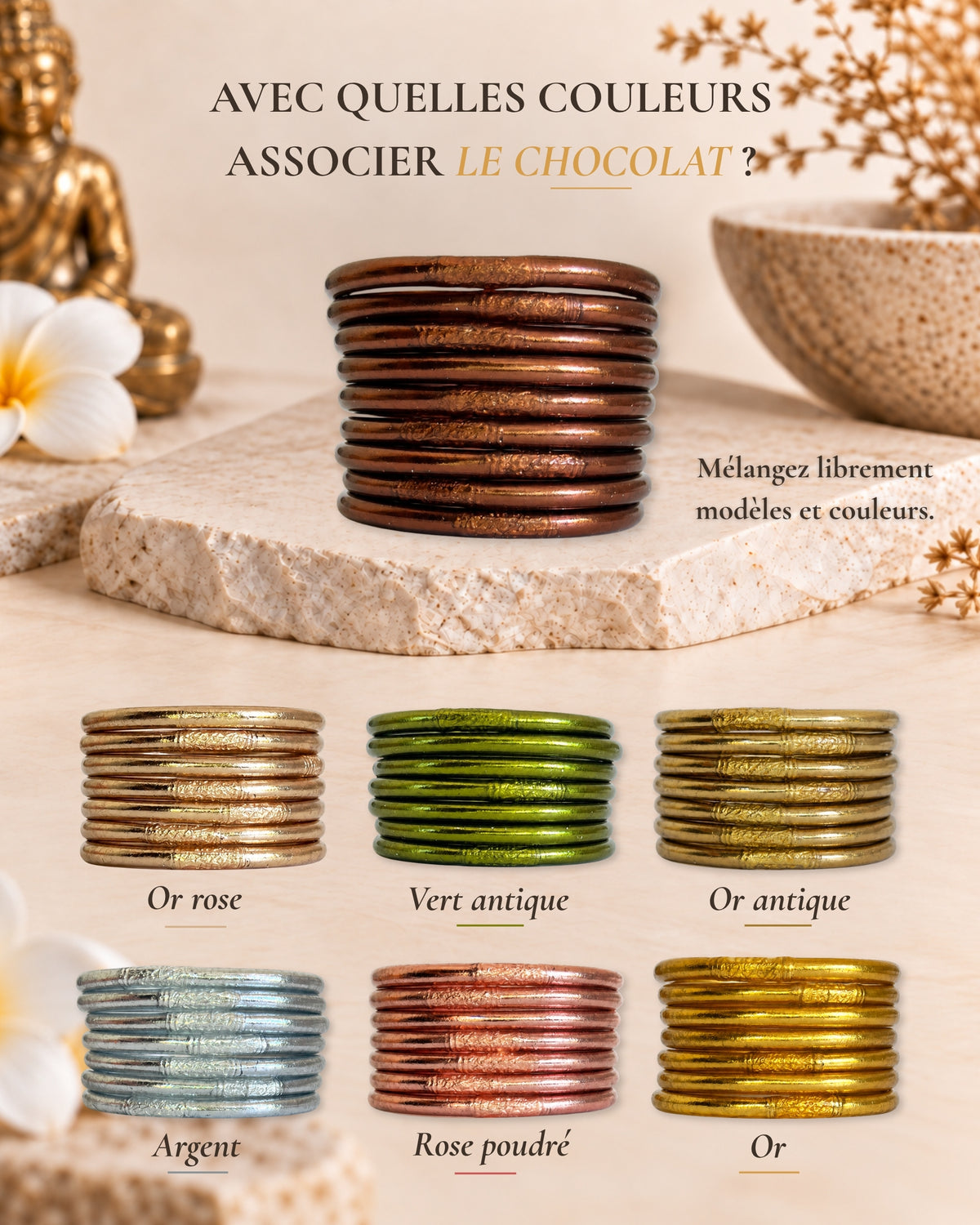Jonc bouddhiste Marron Chocolat Bâan Kumlaï associé aux couleurs or rose, vert antique, or antique, argent, rose poudré et or