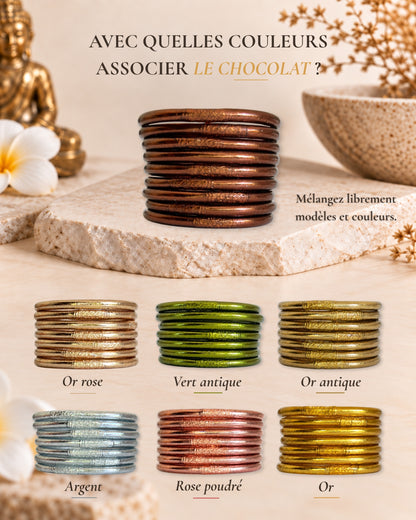 Jonc bouddhiste Marron Chocolat Bâan Kumlaï associé aux couleurs or rose, vert antique, or antique, argent, rose poudré et or