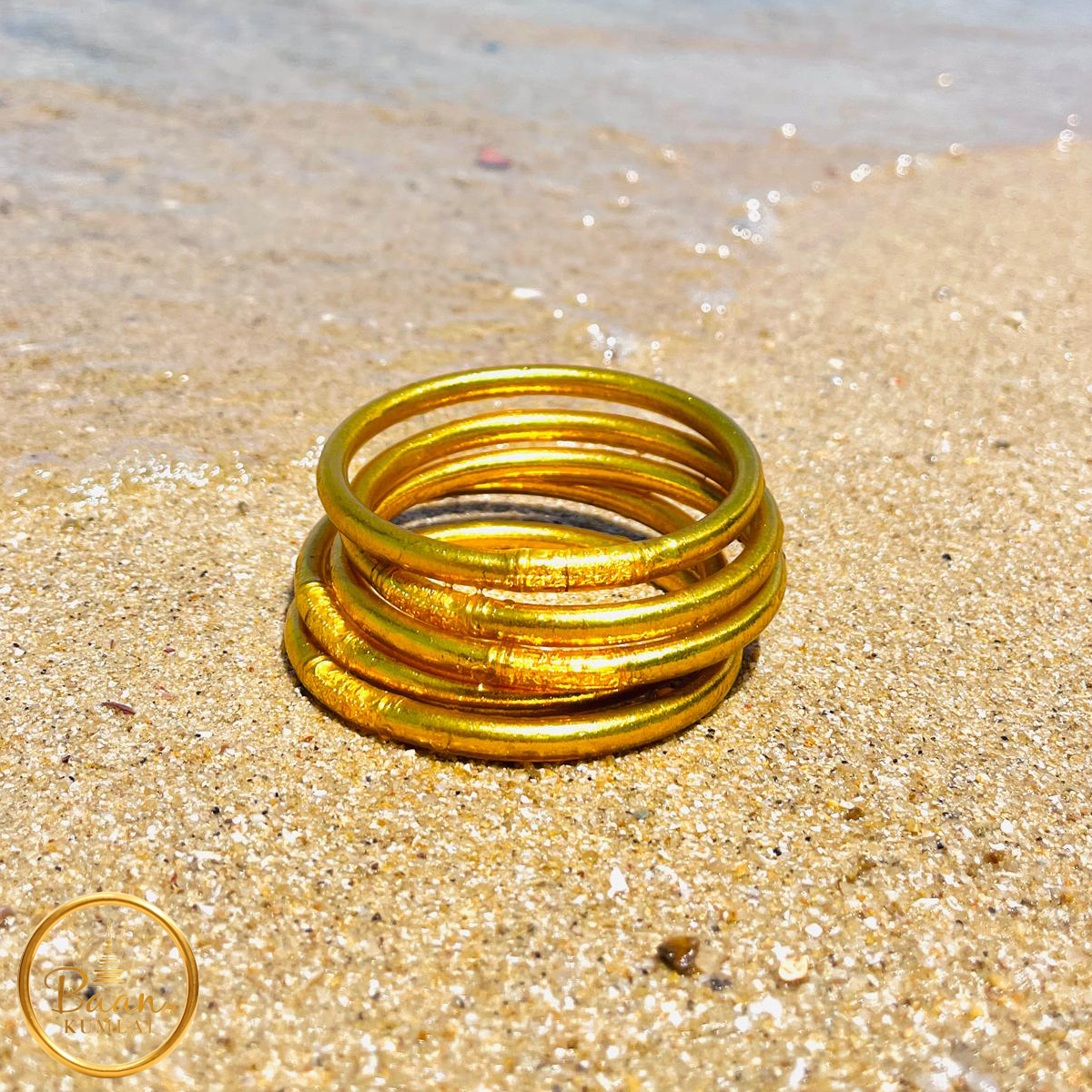 5 joncs bouddhistes avec mantra et feuilles d'or - Bracelet Kumlai traditionnel porte bonheur