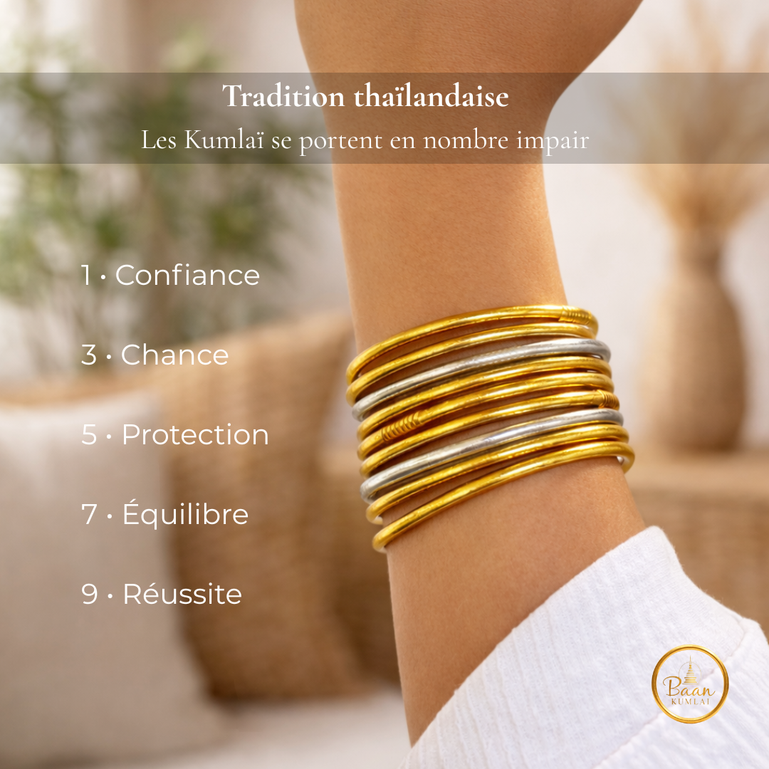 Bracelets Kumlai or fin portés au poignet – joncs bouddhistes Bâan Kumlaï