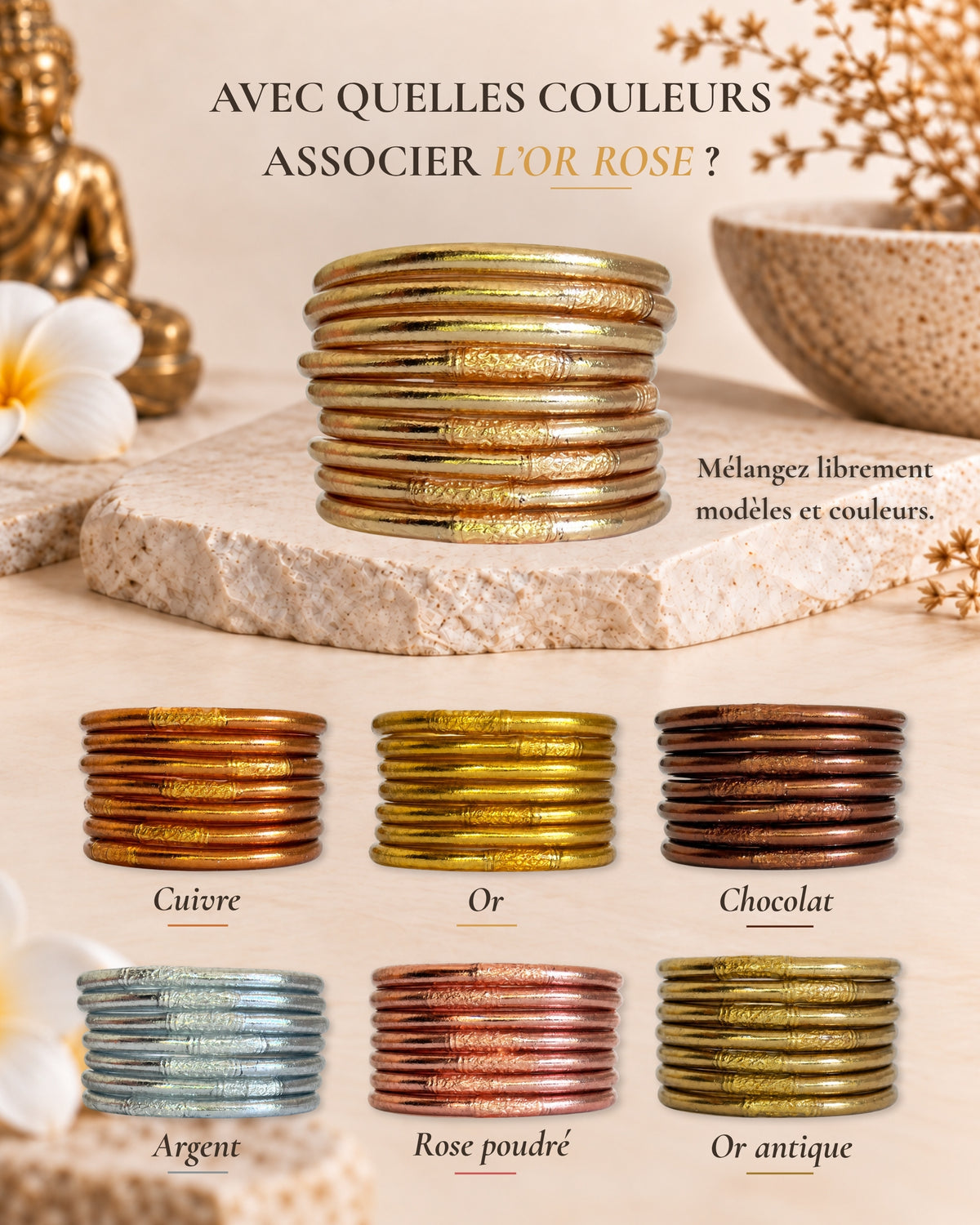 Jonc bouddhiste Or Rose Bâan Kumlaï associé aux couleurs or, rose poudré, or antique, argent, chocolat et cuivre