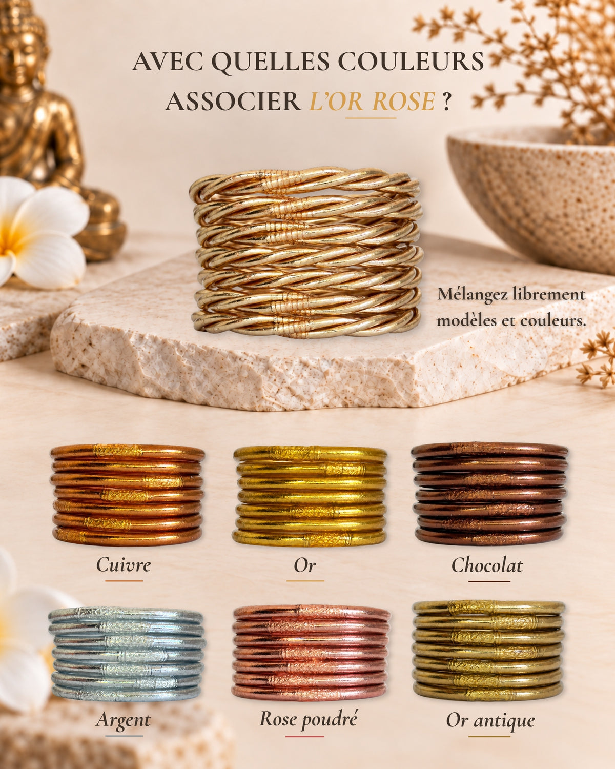 Jonc bouddhiste or rose torsadé Bâan Kumlaï associé aux couleurs cuivre, or, chocolat, argent, rose poudré et or antique