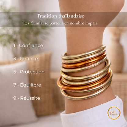 Bracelets Kumlaï or rose portés au poignet – joncs bouddhistes traditionnels
