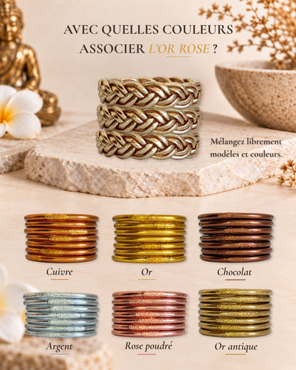 Jonc bouddhiste or rose tressé Bâan Kumlaï associé aux couleurs cuivre, or, chocolat, argent, rose poudré et or antique