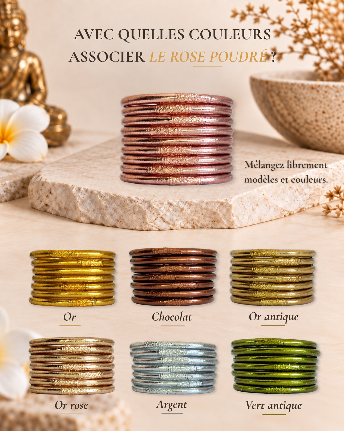 Jonc bouddhiste Rose Poudré Bâan Kumlaï associé aux couleurs or, chocolat, or antique or rose, argent et vert antique
