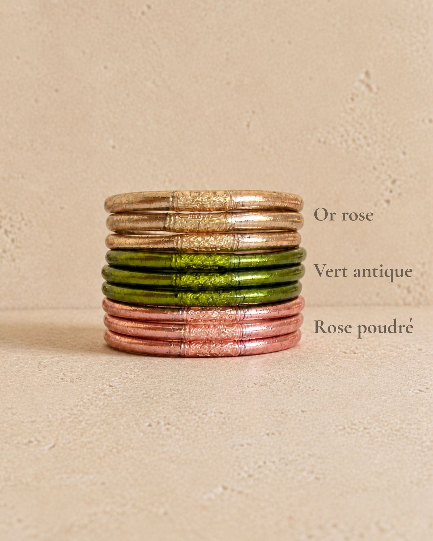 Comparatif des couleurs de joncs bouddhistes Bâan Kumlaï : rose poudré, vert antique et or rose