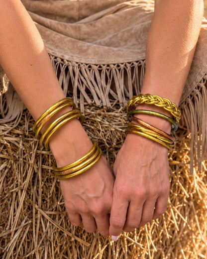 Lot 5 Bracelets Bouddhistes Or, Cuivre & Vert Antique — Torsadé & Tressé portés