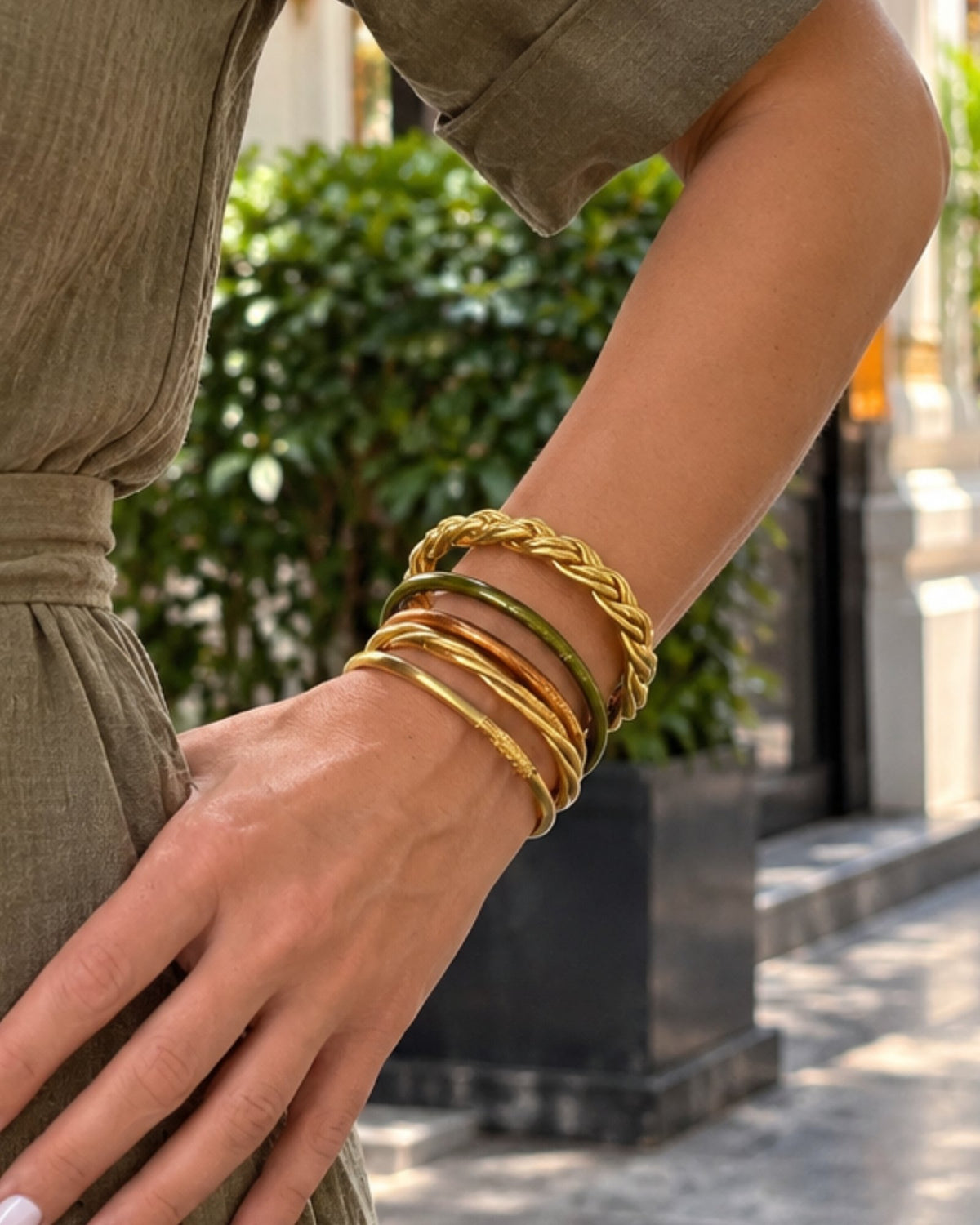 Lot 5 Bracelets Bouddhistes Or, Cuivre & Vert Antique — Torsadé & Tressé portés