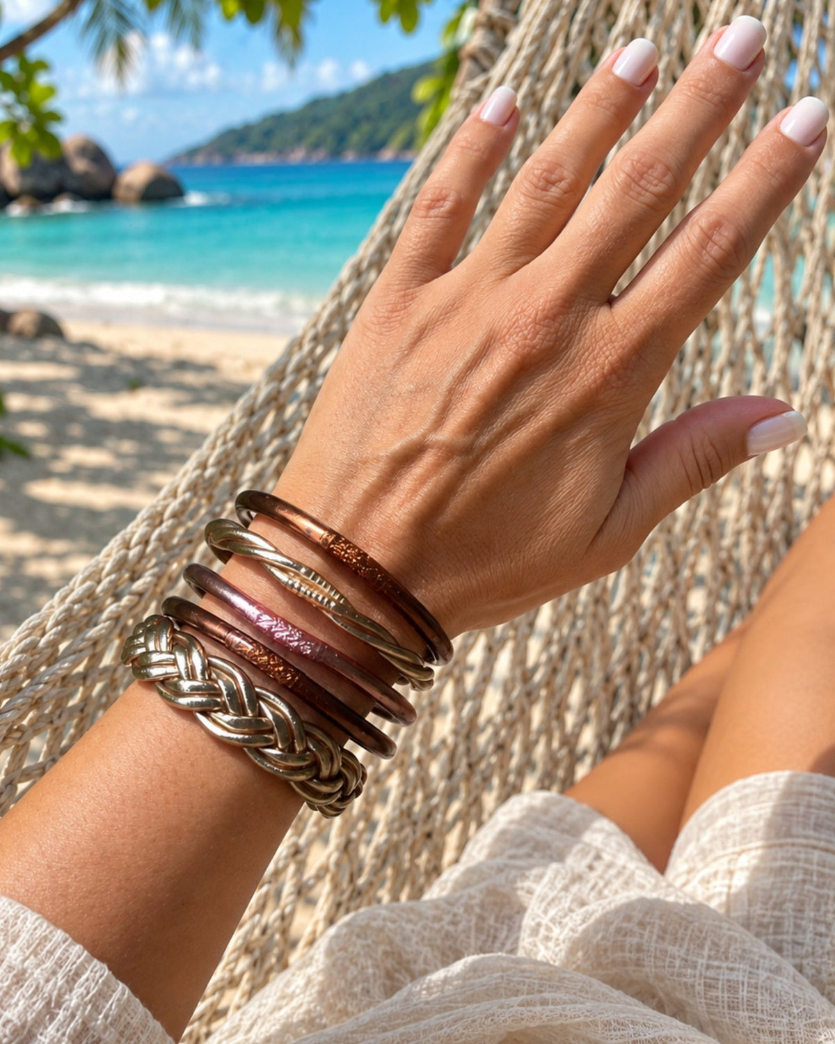 Lot 5 Bracelets Bouddhistes Chocolat, Rose Poudré & Or Rose — Torsadé & Tressé portés