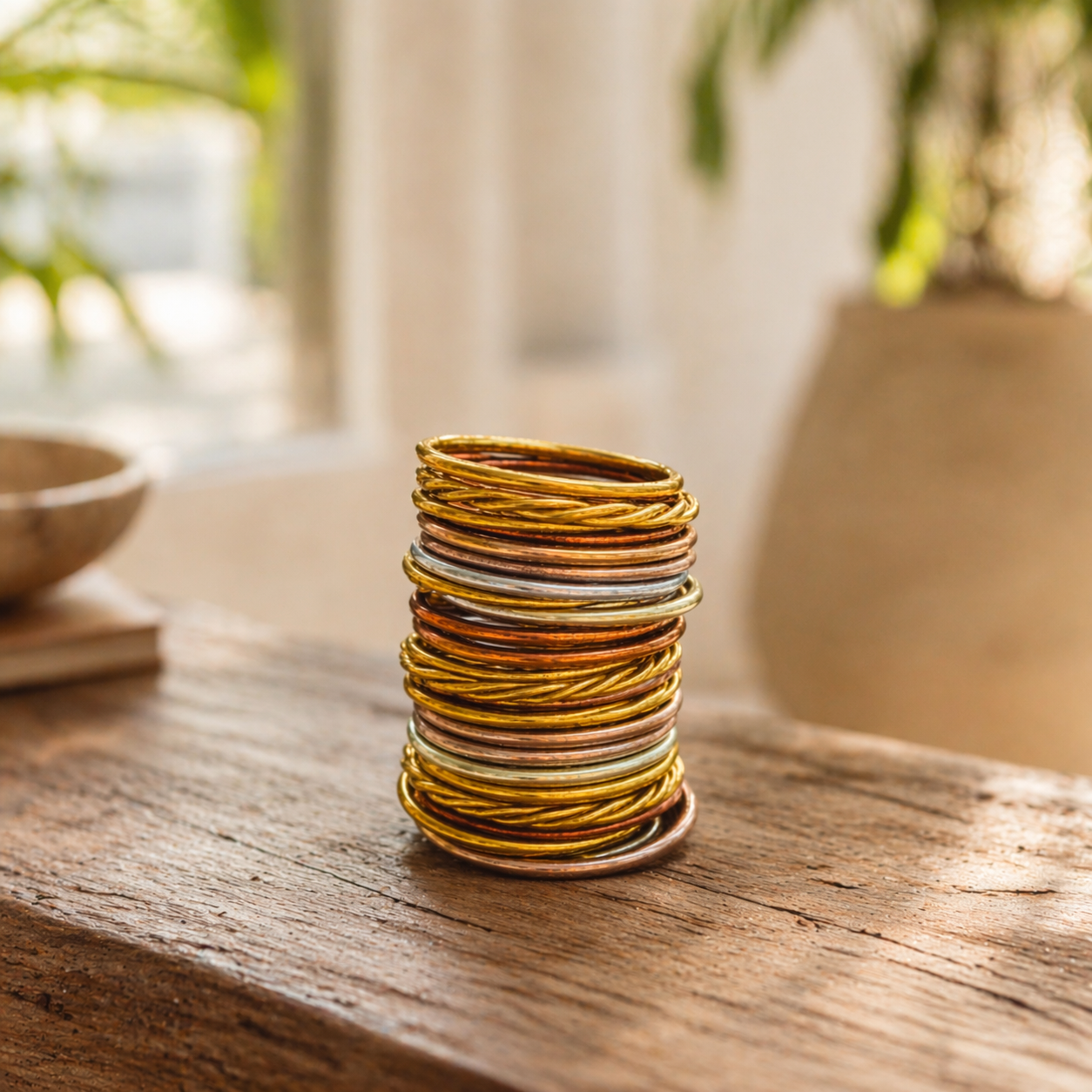 Empilement de joncs bouddhistes Bâan Kumlaï sur un meuble en bois